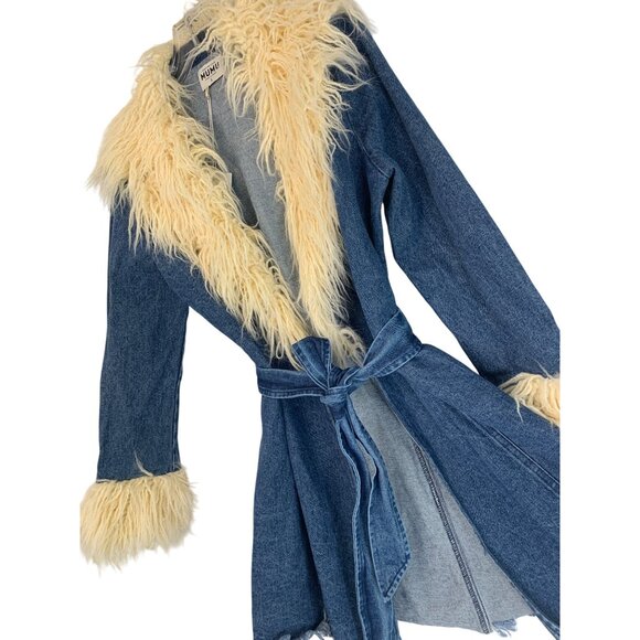 Rare New L Show Me Your Mumu Penny Lane Faux Fur Denim Coat RL10649 - Picture 5 of 14